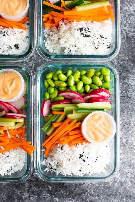 overhead view of Vegan Sushi Bowl Meal Prep in meal prep container