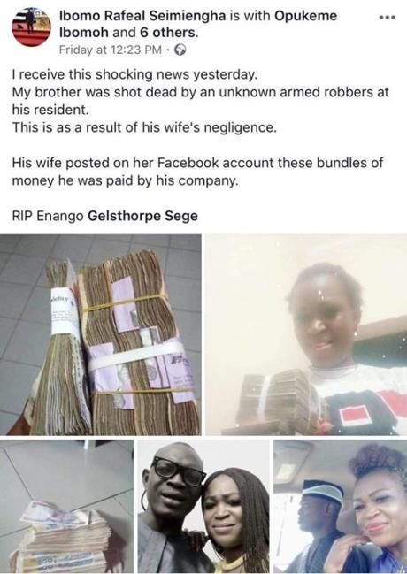 Man shot dead by armed robbers after the wife showed on Facebook wads of cash( photos)