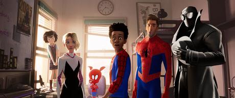 Miles Morales (Shameik Moore), Peter Parker (Jake Johnson), and Spider-Man Noir (Nicolas Cage) in ‘Spider Man: Into the Spider-Verse.’ 