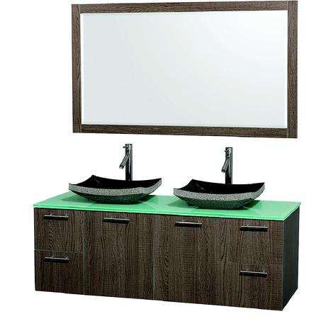 natural wood double vessel sink floating vanity with glass top