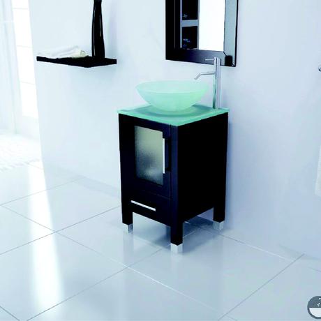 soft focus single vessel sink vanity with blue bowl