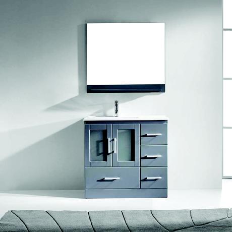 standing gray single vanity with white top