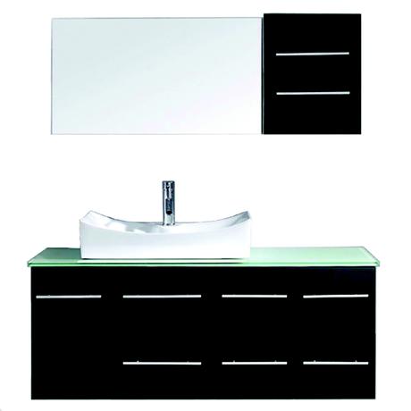 single bathroom vanity with vessel sink and glass top in black