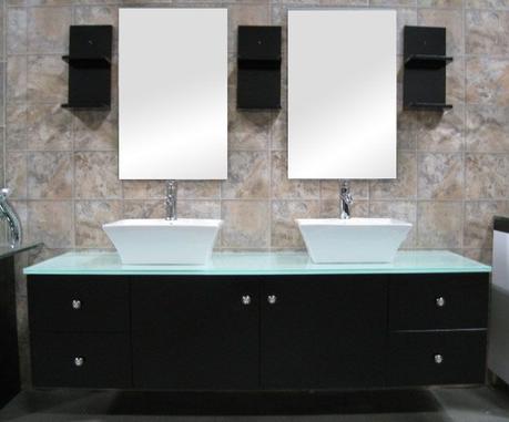 modern black double vessel sink floating vanity