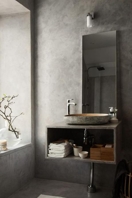 gray bathroom with concrete accents on the single sink bathroom vanity