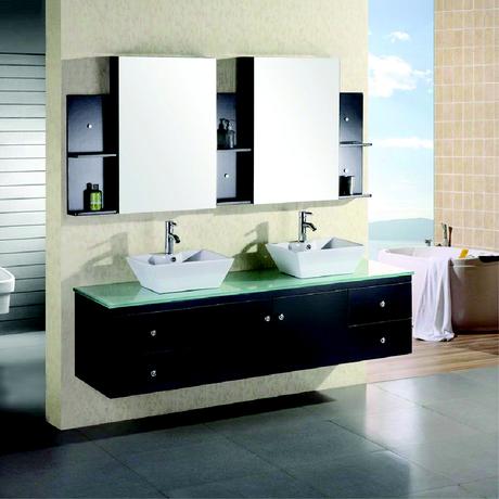 double floating sink vanity in espresso with glass top