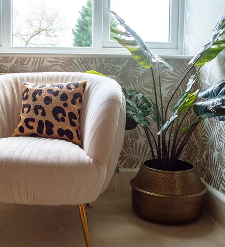 Blush pink velvet bedroom chair by Audenza.