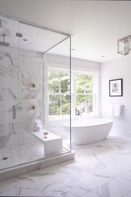 White Marble Master Bathroom Design Ideas