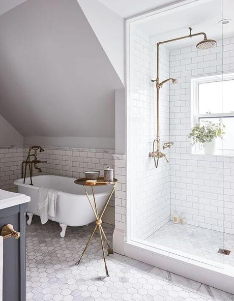 White Master Bathroom Ideas with Brass Plumbing