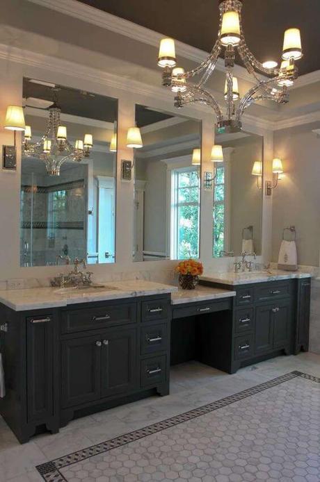 Antique Chandelier and Triple Mirror Vanity Master Bathroom Ideas