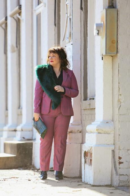 What I Wore: Pink Plaid Pantsuit with Green