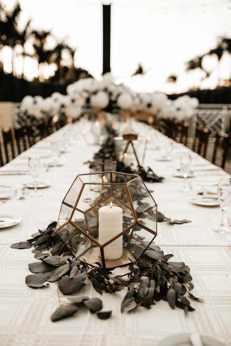 bohemian wedding decorations geometry glass vase with candle and greenery tablerunner ashtyn brooke photo