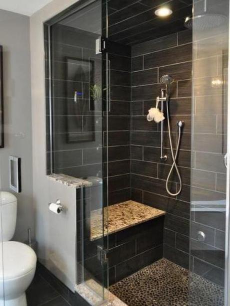 Modern Bathroom with Black Subway Walk In Shower Tile Ideas