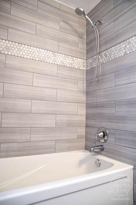 Walk In Shower Tile Ideas Gray Subway Tile with Hexagonal Marble Accent
