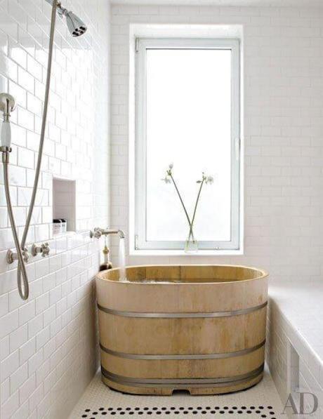 Walk In Shower Tile Ideas with Natural Solid Wood Tub