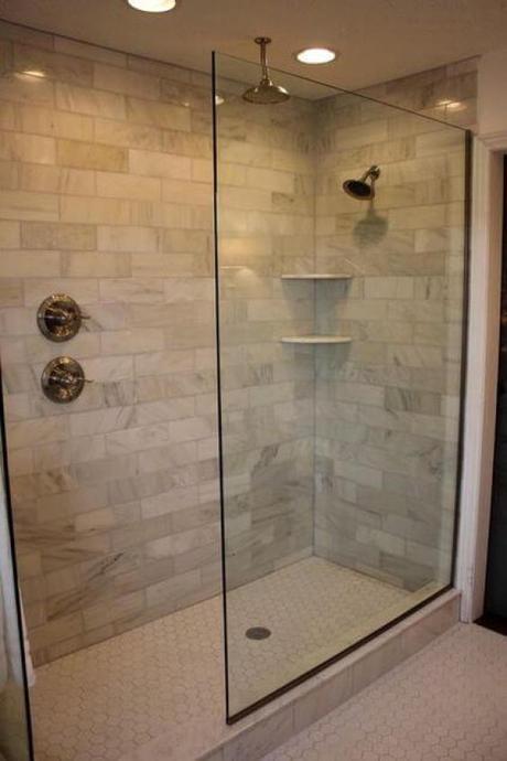 Simple Narrow Walk-In Shower Tiles Ideas with Marble Subway Tile