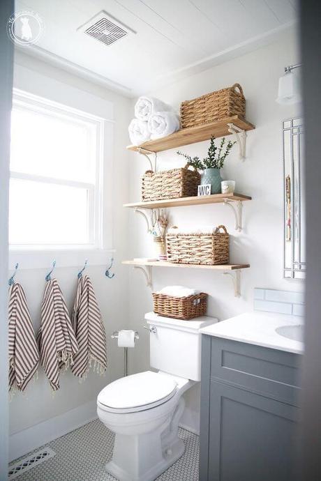 Bathroom Storage Ideas Woven Baskets on Floating Shelves