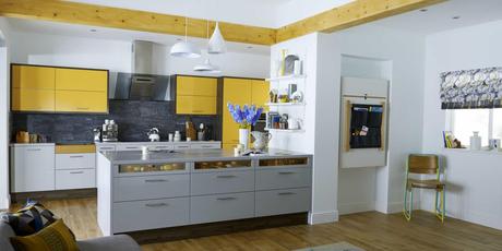 Grey yellow kitchen cabinets