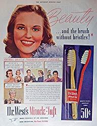 Image: Dr. West's Miracle Tuft Toothbrush, print ad. Full Page Color Illustration (animal bristle troubles ended forever...) Original Vintage 1939 The Saturday Evening Post Magazine Print Art