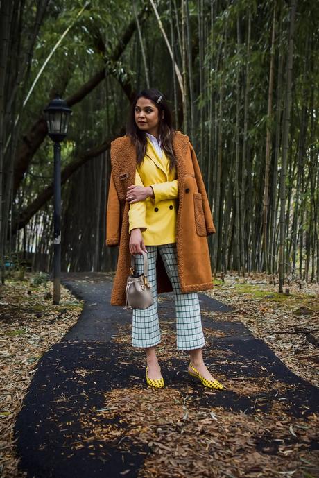 winter layering, plaid cropped pant, yellow and green outfit, hair clip outfit, apparis jacket, fashion, street style, myriad musings, saumya shiohare .jpg