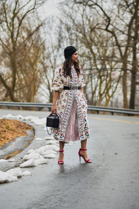 metallic pink skirt, shirtdress, outfit idea, oot, DC blogger, Fashion, style, turban hat, skirtv with dress outfit, saumya shiohare, myriad musings 