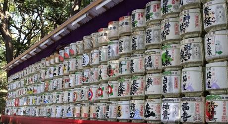 Barrels os sake donated to the Meiji Shrine