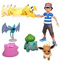 Image: Pokémon Battle Figure Multi Pack Set with Launching Action - Includes Ash, Pikachu, Zubat, Eevee, Ditto and Bulbasaur - 6 Pieces - Ages 4+