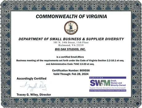 Big Oak Certified as a Small, Micro Business in Virginia