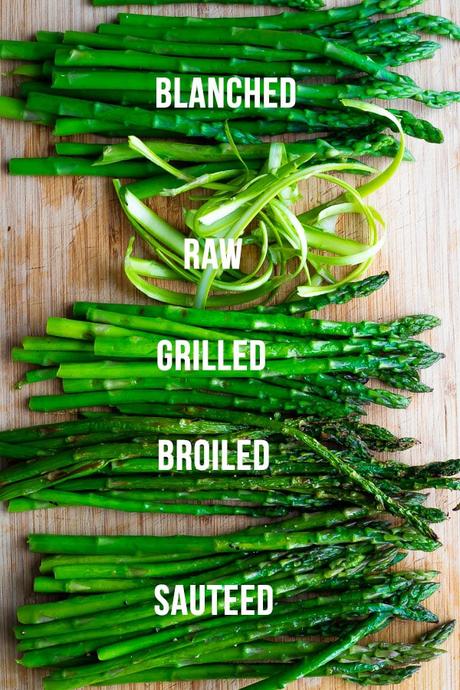collage image showing how to cook asparagus 5 different ways