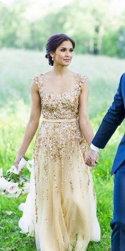 gold wedding gowns a line with cap sleeves illusion neckline seqiuns