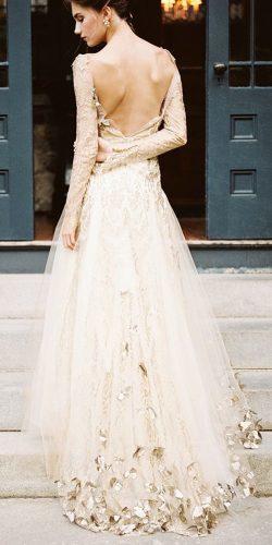 gold wedding gowns a line with long sleeves open back with 3d floral kirsten