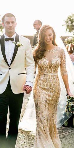 gold wedding gowns trumpet with three quote sleeves sequins