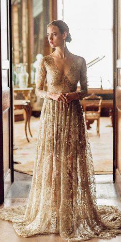 gold wedding gowns a line with long sleeves plunging neckline nude emilyriggs