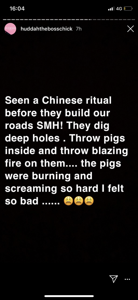 “They dig up hole, throw pigs inside and burn them alive!” Huddah narrates the rituals Chinese perform before they construct our roads