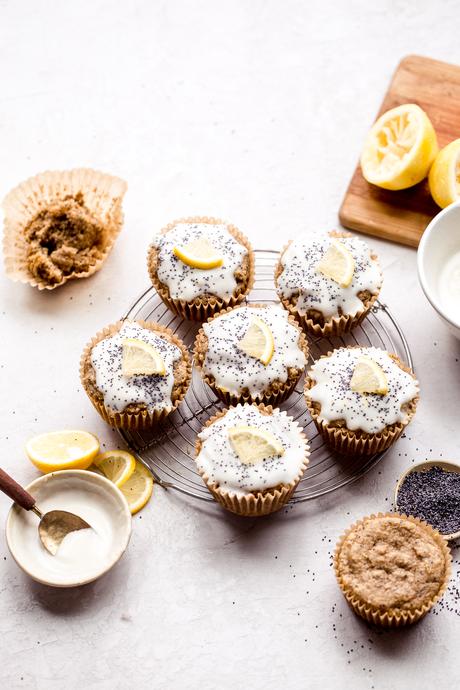 These Lemon Poppyseed Muffins are topped with a lemony glaze to bring out the tart, vibrant flavors of the tender, poppyseed-filled muffins! These gluten-free and vegan muffins are the perfect breakfast, snack, or lunchbox addition for spring.