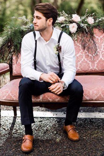 bohemian wedding look simple foho groom attire with classy white shirt suspenders and boutonniere monique serra photography