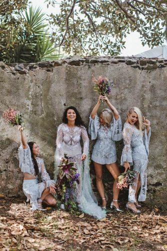 bohemian wedding look boho bride in white dress with stylish bridesmaids dean snushall