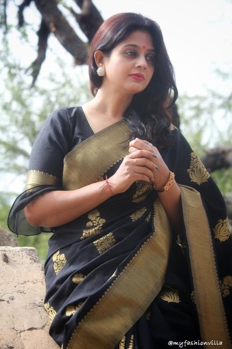 Black & Gold Art Silk Saree MyFashionVilla