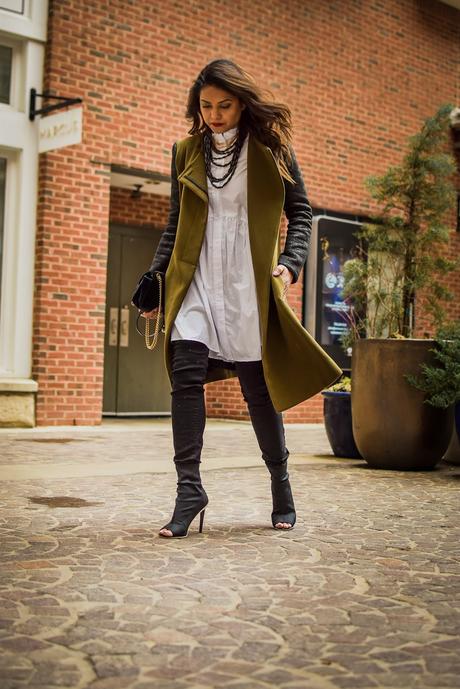 white and black outfit, necklaces stacked, neck candy, street style, black gap jeans, white tunic dress outfit, fashion, style, myriad musings, fenty beauty uncensored red lipstick, green military coat, saumya shiohare