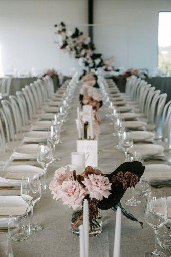 minimalist wedding decor reception on burlap tablecloth and blush roses lucas and co photography