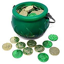 Image: JOYIN 208 St Patrick's Day Lucky Leprechaun Plastic Coins and 1 Large Green Cauldron with Handle Saint Patricks Pot of Gold Party Supplies
