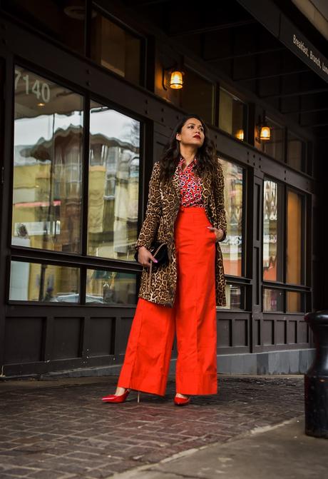 red heart shirt, red high waist trousers, print mixing, red and leopard, street style, fashion, style, dc blogger, myriad musings, fenty beayty uncensored,saumya shiohare
