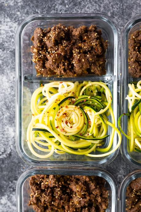 Sesame Ginger Beef + Zucchini Noodles in meal prep container