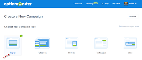 Choose campaign type in OptinMonster