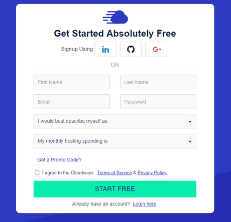 Cloudways Signup page