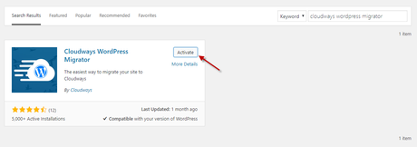Activating Cloudways WordPress Migrator Plugin