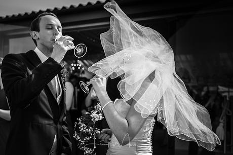 Bride and Groom drinking champagne