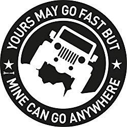 Image: Vinyl Decal Car Sticker for Jeep Enthusiasts Yours May Go Fast But Mine Can Go Anywhere, 5.8 Inches Diameter with White Graphics for Rear Glass Window