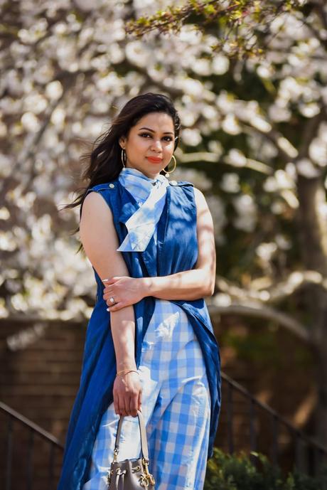 Dc cherry blossom, facts about cherry blossom, DC festival, spring in DC, must see in DC, thinks to do in Dc, j crew plaiod jumpsuit, blue jumpsuit outfit, caged white pumps, myriad musings, Saumya shiohare