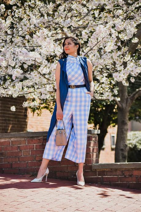Dc cherry blossom, facts about cherry blossom, DC festival, spring in DC, must see in DC, thinks to do in Dc, j crew plaiod jumpsuit, blue jumpsuit outfit, caged white pumps, myriad musings, Saumya shiohare